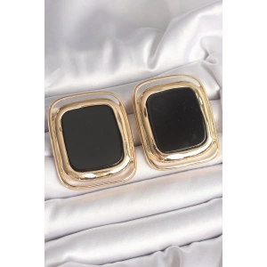 Pirinç Gold Renk Siyah Mineli Kare Model Kadın Küpe