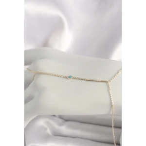 Pirinç Gold Renk Su Yolu Zirkon Taşlı Mavi Taş Detaylı Kadın Şahmeran