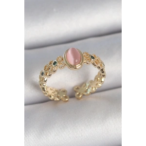 Pirinç Gold Renk Zirkon Taş Detaylı Pembe Mineli Damla Model Ayarlanabilir Kadın Yüzük