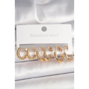 Pirinç Gold Renk Zirkon Taşlı 3 Çift Daire Model Kadın Küpe