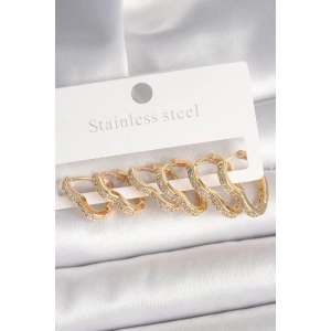 Pirinç Gold Renk Zirkon Taşlı 3 Çift Kalp Model Kadın Küpe