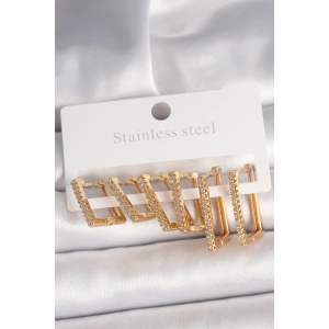 Pirinç Gold Renk Zirkon Taşlı 3 Çift Kare Model Kadın Küpe
