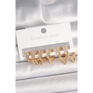 Pirinç Gold Renk Zirkon Taşlı 3 Çift Yıldız Model Kadın Küpe
