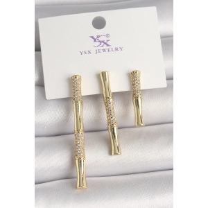 Pirinç Gold Renk Zirkon Taşlı Bambu Model 3Lü Kadın Kombin Küpe