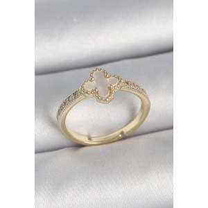 Pirinç Gold Renk Zirkon Taşlı Beyaz Mineli Yonca Model Ayarlanabilir Kadın Yüzük