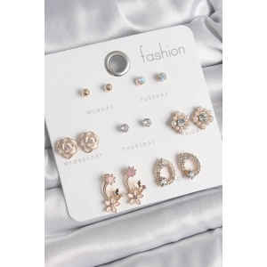 Pirinç Gold Renk Zirkon Taşlı Çiçek Figür 7 Çift Kadın Küpe Seti