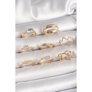 Pirinç Gold Renk Zirkon Taşlı Dalga Model Zincir Detay Kadın Yüzük Kombini