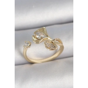 Pirinç Gold Renk Zirkon Taşlı Deniz Kabuğu Model Ayarlanabilir Kadın Yüzük