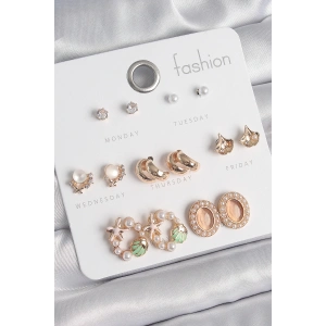 Pirinç Gold Renk Zirkon Taşlı Halka Deniz Yıldızı Figür İnci Detay 7 Çift Kadın Küpe Seti