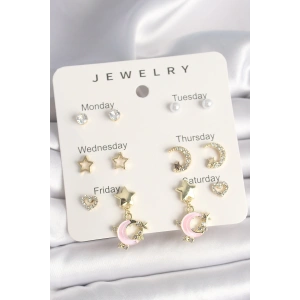 Pirinç Gold Renk Zirkon Taşlı Hilal Figür İnci Detay Sallantı Yıldız Hilal Figür 7Li Kadın Küpe Seti