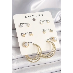 Pirinç Gold Renk Zirkon Taşlı İncili Halka Figür 7Li Set Model Kadın Küpe Seti
