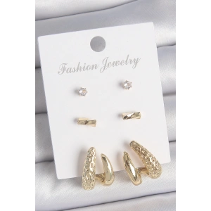 Pirinç Gold Renk Zirkon Taşlı İncili Kelebek Model 3 Çift Kadın Küpe Seti