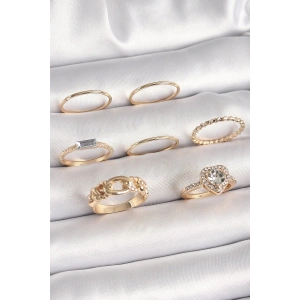 Pirinç Gold Renk Zirkon Taşlı Kalp Figür Düğüm Detay Kadın Yüzük Kombini