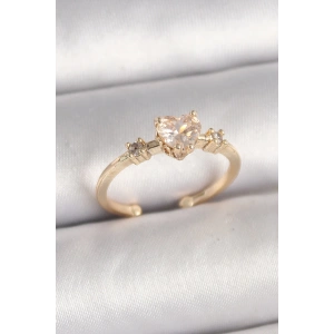 Pirinç Gold Renk Zirkon Taşlı Kalp Model Ayarlanabilir Kadın Yüzük