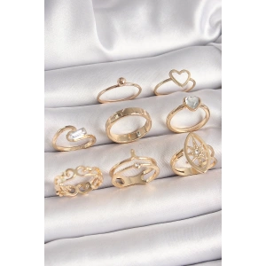 Pirinç Gold Renk Zirkon Taşlı Kalp Model Kutup Yıldız Detay Kadın Yüzük Kombini