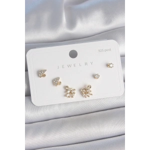 Pirinç Gold Renk Zirkon Taşlı Kuğu Model 925 Ayar Gümüş Çivi Kadın Küpe Seti