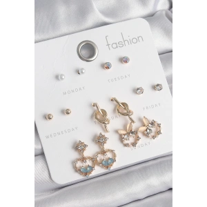 Pirinç Gold Renk Zirkon Taşlı Sallantı Kalp Figür Düğüm Detay 7 Çift Kadın Küpe Seti