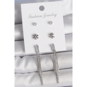 Pirinç Gold Renk Zirkon Taşlı Sallantılı Çiçek Detay 3 Çfit Kadın Küpe Seti