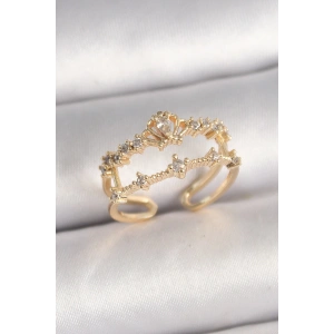 Pirinç Gold Renk Zirkon Taşlı Taç Model Ayarlanabilir Kadın Yüzük
