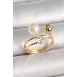 Pirinç Gold Renk Zirkon Taşlı Top İnci Model Kadın Yüzük