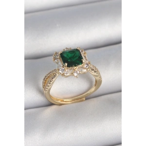 Pirinç Gold Renk Zirkon Taşlı Yeşil Kare Tektaş Model Kadın Yüzük