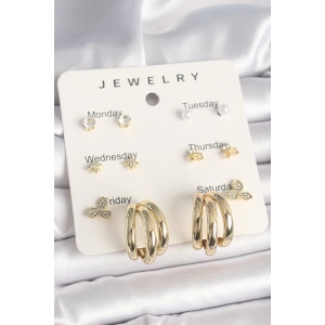 Pirinç Gold Renk Zirkon Taşlı Yıldız Detay Halka Figür 7Li Set Kadın Küpe