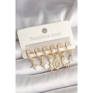 Pirinç Gold Renk Zirkon Taşlı Yıldız Model Kadın Küpe Seti