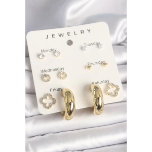 Pirinç Gold Renk Zirkon Taşlı Yonca Halka Figür 7Li Set Kadın Küpe