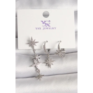 Pirinç Gümüş Ren Sallantı Zirkon Taşlı Kutup Yıldız Model 3Lü Kadın Kombin Küpe