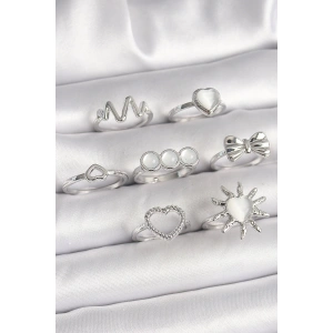 Pirinç Gümüş Renk Beyaz Sedefli Kalp Figür Kurdele Detay Kadın Yüzük Kombini