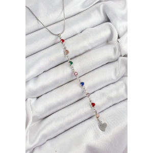 Pirinç Gümüş Renk Karışık Renk Zirkon Taşlı Kalpli Y Kadın Kolye