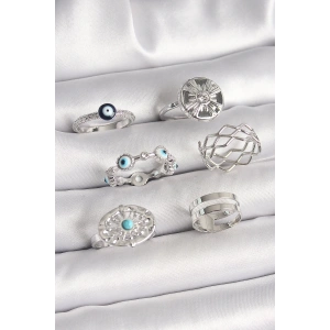 Pirinç Gümüş Renk Nazar Boncuk Zirkon Taş Detaylı Dalga Figür Kadın Yüzük Kombini