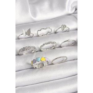 Pirinç Gümüş Renk Renkli Kalp Zirkon Taş Kelebek Detaylı Kadın Yüzük Kombini