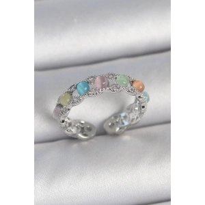 Pirinç Gümüş Renk Renkli Mineli Ayarlanabilir Kadın Yüzük