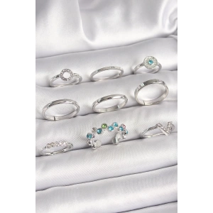 Pirinç Gümüş Renk Renkli Zirkon Taşlı Kadın Yüzük Kombini