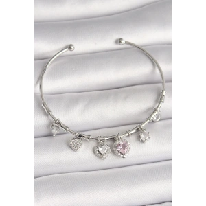 Pirinç Gümüş Renk Sallantı Pembe Zirkon Taşlı Kalp Model Charm Kadın Bileklik