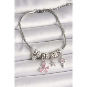 Pirinç Gümüş Renk Sallantı Pembe Zirkon Taşlı Kelebek Figür Çiçek Detay Charm Kadın Bileklik