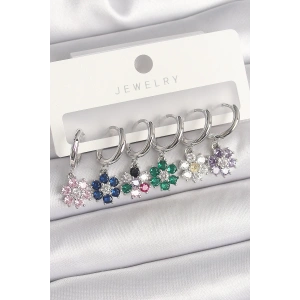 Pirinç Gümüş Renk Sallantı Renkli Zirkon Taşlı Çiçek Model Kadın Küpe Seti