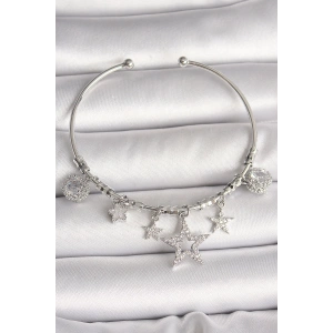 Pirinç Gümüş Renk Sallantı Zirkon Taşlı Yıldız Figür Charm Kadın Bileklik
