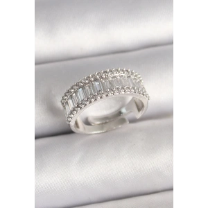 Pirinç Gümüş Renk Su Yolu Zirkon Taşlı Ayarlanabilir Model Kadın Yüzük