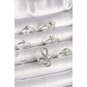 Pirinç Gümüş Renk Yonca Figür Sonsuzluk Zirkon Taşlı Kalp Detay Kadın Yüzük Kombini