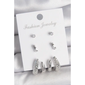 Pirinç Gümüş Renk Zirkon Taş Detaylı İşlemeli Motif Model 3 Çift Kadın Küpe Seti