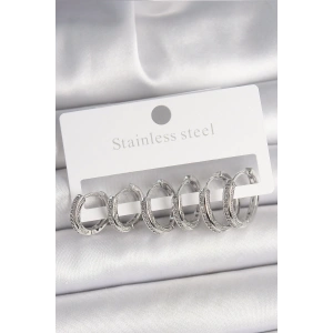 Pirinç Gümüş Renk Zirkon Taşlı 3 Çift Halka Model Kadın Küpe