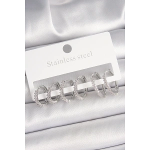 Pirinç Gümüş Renk Zirkon Taşlı 3 Çift Halka Model Kadın Küpe