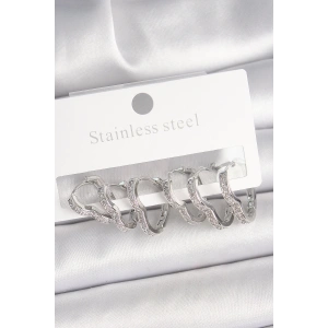 Pirinç Gümüş Renk Zirkon Taşlı 3 Çift Kalp Model Kadın Küpe