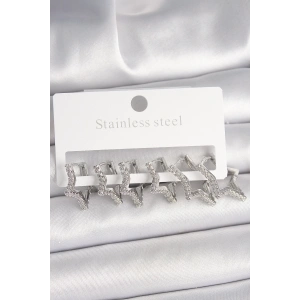 Pirinç Gümüş Renk Zirkon Taşlı 3 Çift Yıldız Model Kadın Küpe