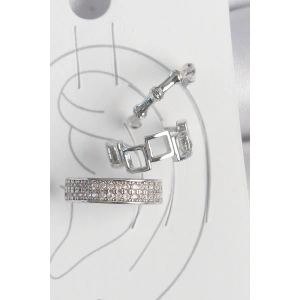 Pirinç Gümüş Renk Zirkon Taşlı 3Lü Model Kare Bambu Model Kadın Kıkırdak Küpe