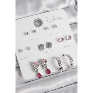 Pirinç Gümüş Renk Zirkon Taşlı Çiçek Figür İncili Halka Detay 7 Çift Kadın Küpe Seti