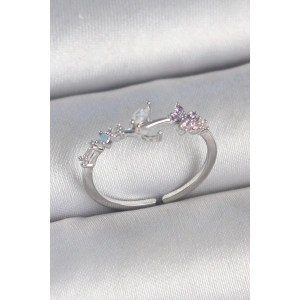 Pirinç Gümüş Renk Zirkon Taşlı Çiçek Model Ayarlanabilir Kadın Yüzük