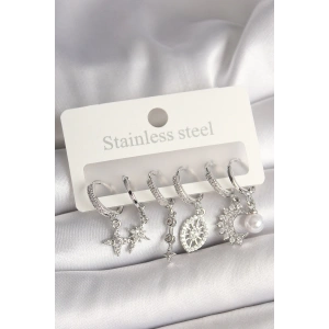 Pirinç Gümüş Renk Zirkon Taşlı Göz Figür İnci Detay Kadın Küpe Seti